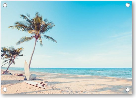 Surfplank met palmboom op tropisch strand - vintage kleurtoon - Tuinposter 70x50 - Wanddecoratie - Landschap - Natuur