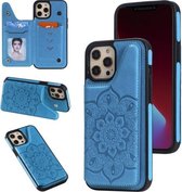 Bloem reliëfpatroon schokbestendig beschermhoes met houder & kaartsleuven en fotolijst voor iPhone 12 Pro Max (blauw)