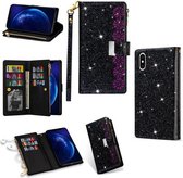 Voor iPhone X / XS Multi-kaartsleuven Sterrenhemel Lasergravure Glitter Rits Horizontale Flip Leren Case met Houder & Portemonnee & Lanyard (Zwart)