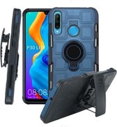 Voor Huawei P30 Lite 3 in 1 Cube PC + TPU beschermhoes met 360 graden draaien zwarte ringhouder (marineblauw)