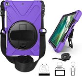 Voor iPad 9.7 (2018) & (2017) 360 graden rotatie siliconen beschermhoes met houder & draagriem & lange riem & potloodsleuf (paars)