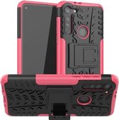 Voor Motorola Moto G8 Tyre Texture Shockproof TPU + PC beschermhoes met houder (roze)