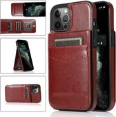 Effen kleur pc + TPU beschermhoes met houder en kaartsleuven voor iPhone 12 Pro Max (bruin)
