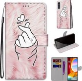 Voor LG Fluwelen Gekleurde Tekening Cross Textuur Horizontale Flip PU Lederen Case met Houder & Kaartsleuven & Portemonnee & Lanyard (Roze Handen Hart)