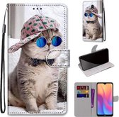 Voor Xiaomi Redmi 8A Gekleurde Tekening Cross Textuur Horizontale Flip PU Lederen Case met Houder & Kaartsleuven & Portemonnee & Lanyard (Slant Hat Blue Mirror Cat)