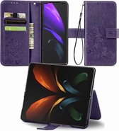 Voor Samsung Galaxy Z Fold2 vierbladige gesp reliëf gesp mobiele telefoon bescherming lederen tas met lanyard & kaartsleuf & portemonnee & beugel functie (paars)