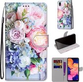 Voor Samsung Galaxy A10 Gekleurde Tekening Cross Textuur Horizontale Flip PU Lederen Case met Houder & Kaartsleuven & Portemonnee & Lanyard (Lichtroze Boeket)