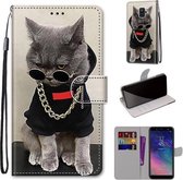 Voor Samsung Galaxy A6 2018 Gekleurde Tekening Cross Textuur Horizontale Flip PU Lederen Case met Houder & Kaartsleuven & Portemonnee & Lanyard (Gouden Ketting Grijze Kat)