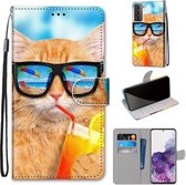 Voor Samsung Galaxy S21 + 5G Gekleurde Tekening Cross Textuur Horizontale Flip PU Lederen Case met Houder & Kaartsleuven & Portemonnee & Lanyard (Kat Drinken Soda)