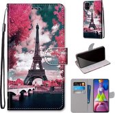 Voor Samsung Galaxy M51 Gekleurde Tekening Cross Textuur Horizontale Flip PU Lederen Case met Houder & Kaartsleuven & Portemonnee & Lanyard (Pink Flower Tower Bridge)