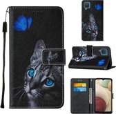 Voor Samsung Galaxy A12 Cross Texture Painting Pattern Horizontale Flip Leather Case met houder & kaartsleuven & portemonnee & lanyard (Blue Butterfly Cat Eyes)