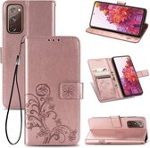 Voor Galaxy S20 FE / S20 Lite Vierbladige sluiting Reliëfgesp Mobiele telefoonbescherming Leren tas met Lanyard & Card Slot & Wallet & Bracket-functie (Rose Gold)