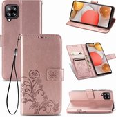 Voor Samsung Galaxy A42 5G vierbladige sluiting reliëf gesp mobiele telefoon bescherming lederen tas met lanyard & kaartsleuf & portemonnee & beugel functie (rose goud)