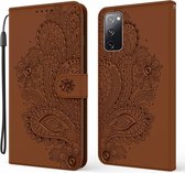 Voor Samsung Galaxy S20 FE Pauw Reliëf Patroon Horizontale Flip Leren Case met Houder & Kaartsleuven & Portemonnee & Lanyard (Bruin)