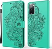 Voor Samsung Galaxy S20 FE Pauw Reliëfpatroon Horizontale Flip Leren Case met Houder & Kaartsleuven & Portemonnee & Lanyard (Groen)