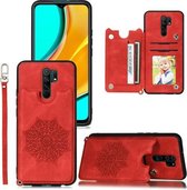 Voor Xiaomi Redmi 9 Mandala reliëf PU + TPU-hoesje met houder en kaartsleuven en fotolijst en riem (rood)