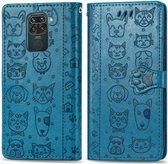 Voor Geschikt voor Xiaomi Redmi 10X (4G) / Note 9 Leuke Kat en Hond Reliëf Horizontale Flip Leren Case met Beugel / Kaartsleuf / Portemonnee / Lanyard (Blauw)