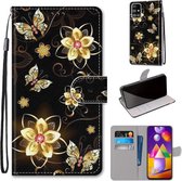 Voor Samsung Galaxy M31s Gekleurde Tekening Cross Textuur Horizontale Flip PU Lederen Case met Houder & Kaartsleuven & Portemonnee & Lanyard (Goud Diamant Vlinder)