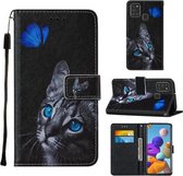 Voor Samsung Galaxy A21s Cross Texture Painting Pattern Horizontale Flip Leather Case met houder & kaartsleuven & portemonnee & Lanyard (Blue Butterfly Cat Eyes)