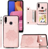 Voor Samsung Galaxy A20s Mandala reliëf PU + TPU hoesje met houder & kaartsleuven & fotolijst & riem (rose goud)