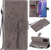 Voor Samsung Galaxy Note20 Tree & Cat Pattern Pressed Printing Horizontale Flip PU lederen tas met houder & kaartsleuven & portemonnee & lanyard (grijs)