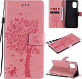Voor OnePlus 8T Tree & Cat Pattern Pressed Printing Horizontale Flip PU lederen hoes met houder & kaartsleuven & portemonnee & lanyard (roze)