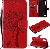Voor LG K22 / K22 Plus Boom & Kat Patroon Geperst Afdrukken Horizontale Flip PU Lederen Case met Houder & Kaartsleuven & Portemonnee & Lanyard (Rood)