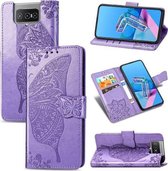 Voor Asus Zenfone 7 Pro ZS671KS Butterfly Love Flower Reliëf Horizontale Flip Leren Case met Beugel / Kaartsleuf / Portemonnee / Lanyard (Lichtpaars)