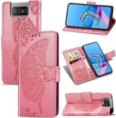 Voor Asus Zenfone 7 Pro ZS671KS Butterfly Love Flower Reliëf Horizontale Flip Leren Case met Beugel / Kaartsleuf / Portemonnee / Lanyard (Roze)