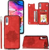 Voor Xiaomi Redmi 9A Mandala reliëf PU + TPU hoesje met houder & kaartsleuven & fotolijst & draagriem (rood)