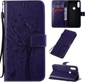 Voor Motorola Moto E7 Tree & Cat Pattern Pressed Printing Horizontale Flip PU lederen tas met houder & kaartsleuven & portemonnee & lanyard (paars)