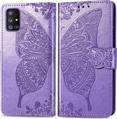 Voor Galaxy A71 5G vlinder liefde bloem reliëf horizontale flip lederen tas met beugel / kaartsleuf / portemonnee / lanyard (lichtpaars)