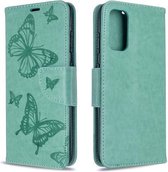 Voor Galaxy S20 Embossing Two Butterflies Pattern Horizontale Flip PU Leather Case met houder & kaartsleuf & portemonnee & lanyard (groen)