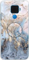 Voor Huawei Mate 30 Lite reliëf gelakt marmer TPU beschermhoes met houder (goudgrijs)