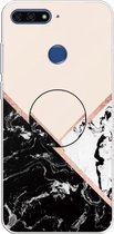 Voor Huawei Y6 Prime (2018) reliëf gelakt marmer TPU beschermhoes met houder (zwart wit roze)