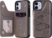 Vlinder reliëfpatroon schokbestendig beschermhoes met houder & kaartsleuven en fotolijst voor iPhone 12 mini (grijs)