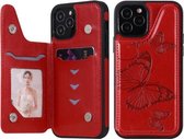 Vlinder reliëfpatroon schokbestendig beschermhoes met houder & kaartsleuven en fotolijst voor iPhone 12/12 Pro (rood)