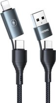 REMAX RC-011 1,2 m 2,4 A 4-in-1 USB naar USB-C / Type-Cx2 + 8-pins snellaadgegevenskabel (zwart)