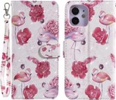 Voor iPhone 12 mini 3D Schilderen Patroon Gekleurde Tekening Horizontale Flip PU Lederen Case met Houder & Kaartsleuven & Portemonnee (Flamingo)