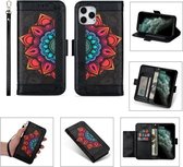 Afdrukken Tweekleurig half mandala-patroon Dubbelzijdige magnetische gesp Horizontale flip lederen tas met houder & kaartsleuven & portemonnee & fotolijst & lanyard voor iPhone 11 Pro Max (zw