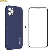 Voor iPhone 12 Pro Max Hat-Prince ENKAY ENK-PC0702 Vloeibare siliconen schokbestendige behuizing met rechte rand + 0,26 mm 9H 2.5D volledige lijm gehard glasfilm (donkerblauw)