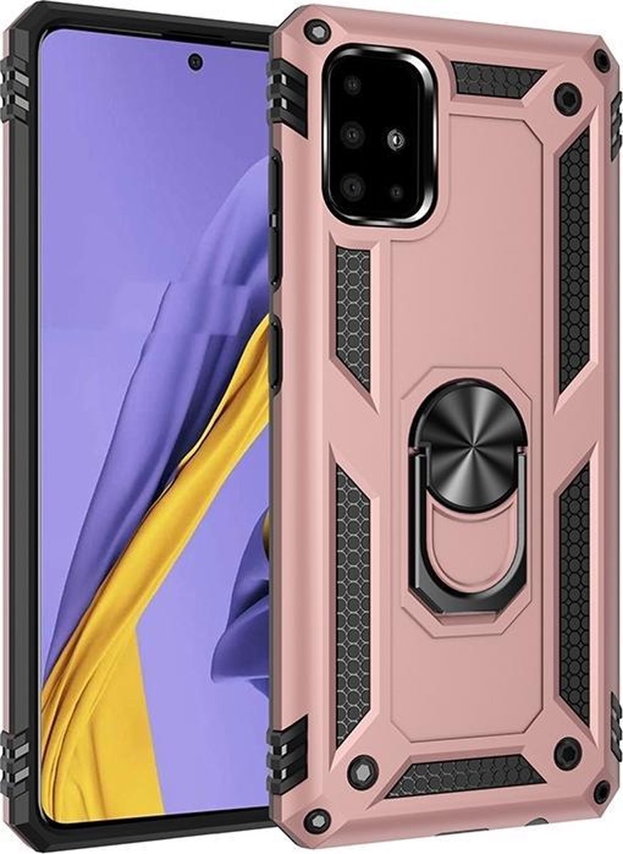 Mobigear Hoesje geschikt voor Samsung Galaxy A51 Telefoonhoesje Hardcase | Mobigear Armor Ring Backcover Shockproof met Ringhouder | Schokbestendig Galaxy A51 Telefoonhoesje | Anti Shock Proof - Roségoud