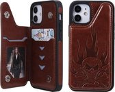 Skull Head Embossing Pattern Schokbestendige beschermhoes met houder & kaartsleuven & portemonnee voor iPhone 12 mini (bruin)