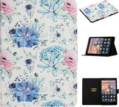 Voor Amazon Kindle Fire 7 (2019) Bloempatroon Horizontale Flip Leren Case met Kaartsleuven & Houder (Blauwe Bloem Op Wit)