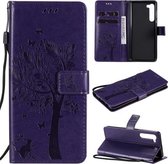 Voor Motorola Edge Tree & Cat Pattern Pressed Printing Horizontale Flip PU lederen tas met houder & kaartsleuven & portemonnee & lanyard (paars)