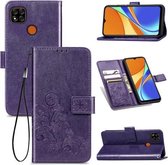 Voor Geschikt voor Xiaomi Redmi 9C Vierbladige sluiting Reliëfgesp Horizontale flip TPU + PU lederen tas met lanyard & kaartsleuf & portemonnee & houder (paars)