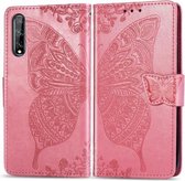 Voor Huawei Y8P / Enjoy 10S Vlinder Liefde Bloem Reliëf Horizontale Flip Leren Case met Beugel / Kaartsleuf / Portemonnee / Lanyard (Roze)