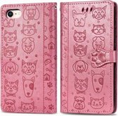 Voor iPhone 8/7 schattige kat en hond reliëf horizontale flip PU lederen tas met houder / kaartsleuf / portemonnee / lanyard (roze)