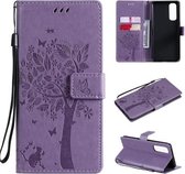 Voor OPPO Reno4 Pro 4G Tree & Cat Pattern Pressed Printing Horizontale Flip PU lederen tas met houder & kaartsleuven & portemonnee & lanyard (lichtpaars)