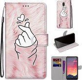 Voor Nokia C2 Gekleurde Tekening Cross Textuur Horizontale Flip PU Lederen Case met Houder & Kaartsleuven & Portemonnee & Lanyard (Roze Handen Hart)